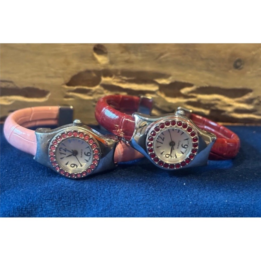 Lot Of 2 VTG Avon Rhinestone Cuff Watches Red & Pink Faux Leather Bangle Watches